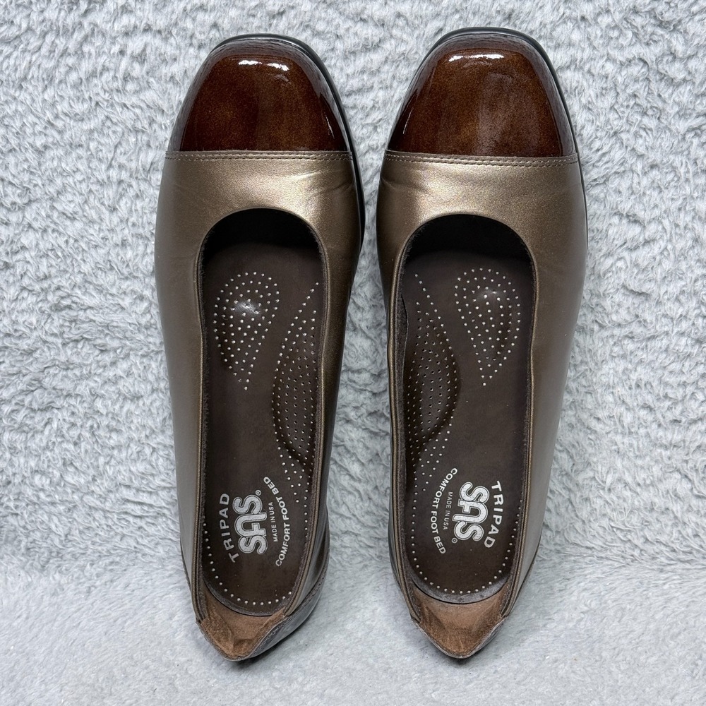 SAS Coco Womens Size 7.5 Slip On Ballet Flat Loafer Shoes Bronze Leather Cap Toe - Picture 5 of 9